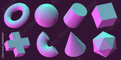 Set of voxel geometric shapes. Futuristic voxelized 3d figures with colorful pink blue gradient. Different volumetric figures in voxel style with retro futuristic aesthetic for digital project. Vector