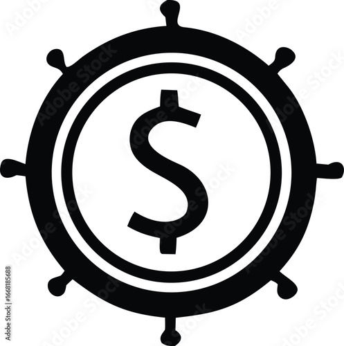 Nautical dollar symbol steering wheel icon representing financial navigation maritime commerce global trade and economic strategy