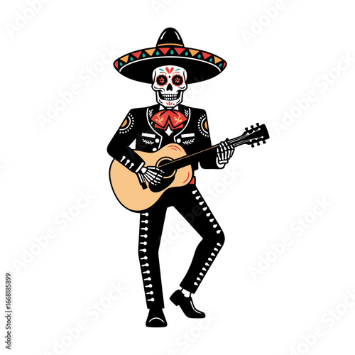 Skeleton mariachi guitar player in traditional sombrero costume for Day of the Dead