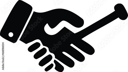 Symbolic handshake with a mallet icon representing justice partnership and legal agreement business deal making collaboration agreement accord