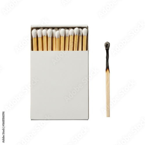Open beige matchbook with neat unused matches, a single charred burnt match beside it, isolated on a transparent background, top-down, ultra-detailed macro product photography concept