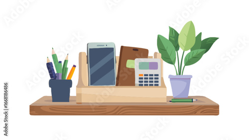 Organized workspace featuring phone, plant, calculator, and pencils on a shelf, great for back to school or working from home promotions, a modern and clean aesthetic, originally from vector art