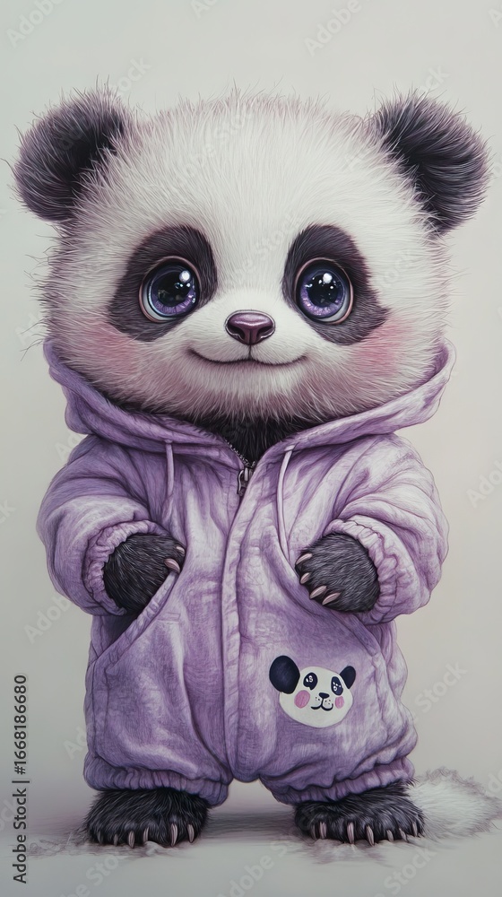 Fototapeta premium Cute cartoon illustration of playful panda cub wearing orange hoodie, showcasing large eyes and charming pose, perfect for children's designs and playful themes. baby of animal on white background.