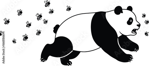 Dynamic Action of a Panda Running from Bees, Illustrative Vector Art in a Playful Environment, Captivating Design for Wildlife Enthusiasts and Nature Lovers