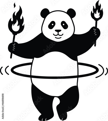 Playful Panda with Fire Torches in Motion, Vector Illustration, Fun Environment, Whimsical Concept, Cheerful Vibe