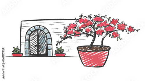 Charming Italian-Inspired Home Entrance with Blooming Potted Plant, Evoking a Sense of Warmth and Mediterranean Style, Ideal for Travel Blogs and Home Decor Projects, Originally a Vector Graphic