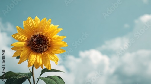 Fototapeta Naklejka Na Ścianę i Meble -  Vivid yellow sunflower in full bloom with a clean blue sky background symbolizing summer positivity and nature beauty.