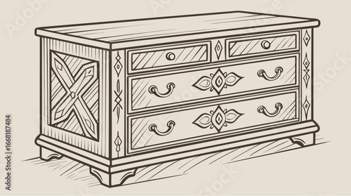 Vintage Wooden Cabinet Sketch – Hand-Drawn Furniture Illustration