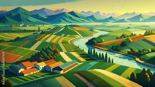 Aerial View of Agriculture Fields Landscape in Spring
From above, spring awakens fields with vivid patterns, emerald and gold interlace the earth, rivers weave silver ribbons, fertile land celebrates 