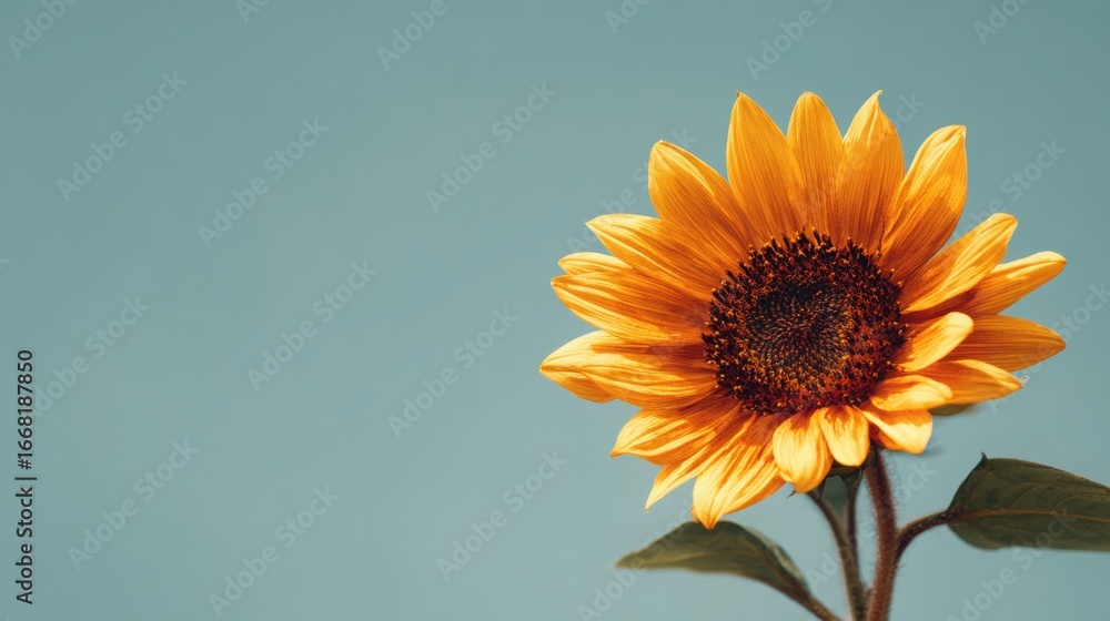 Obraz premium Vivid yellow sunflower in full bloom with a clean blue sky background symbolizing summer positivity and nature beauty.