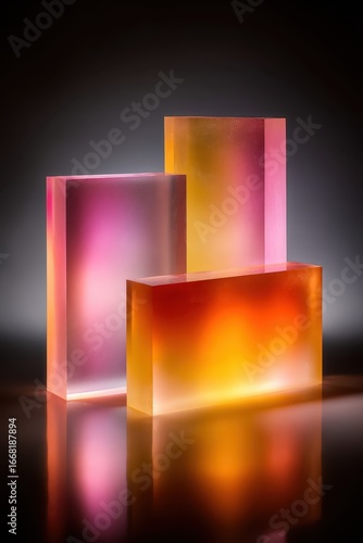 Abstract Still Life: Three Translucent Colored Acrylic Blocks on Reflective Surface