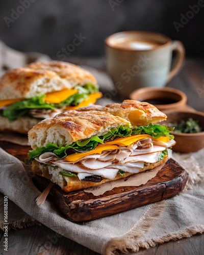 Turkey Focaccia Sandwich with Cheddar and Lettuce