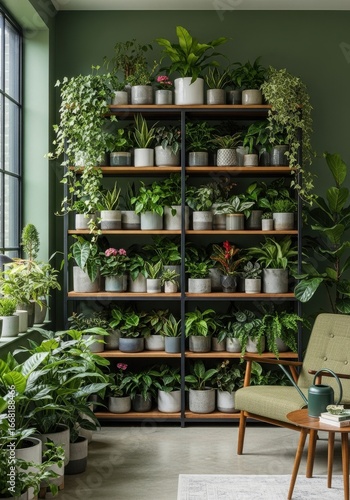 Indoor botanical garden display with lush plants adorning shelves and decor