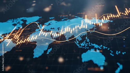 Digital world map with financial stock market data overlay