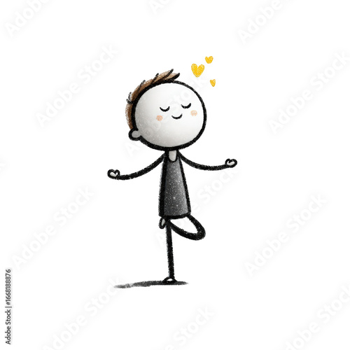 A simple stick figure person meditating in a yoga tree pose with eyes closed and a smile, demonstrating inner peace and balance, isolated on transparent background