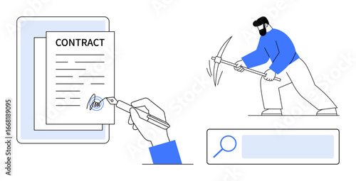 Contract signing with a pen, data mining with a pickaxe, and a search bar symbolizing exploration. Ideal for business, tech, digital tools, mining, search, legal processes simple landing page