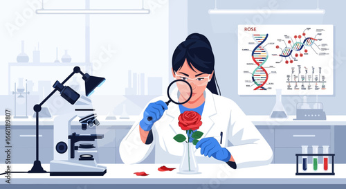 Botanical scientist analyzing a rose specimen in laboratory environment