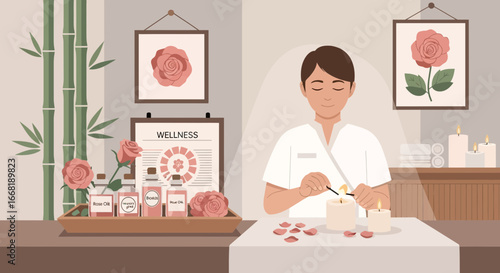 Aromatherapy session with roses and candles for a tranquil spa treatment scene