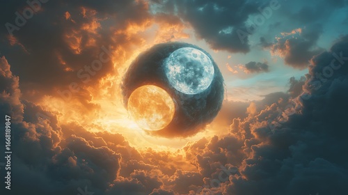 Celestial body of two moons in a cloudy orange and blue sky photo