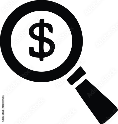 Magnifying glass focused on dollar sign symbol for financial search investment analysis and business growth concepts
