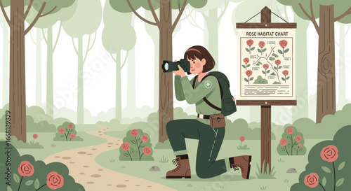 Illustrative scene of a naturalist photographing roses in a verdant landscape