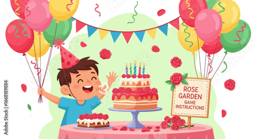 Festive celebration of a child's birthday with cake and balloons decoration