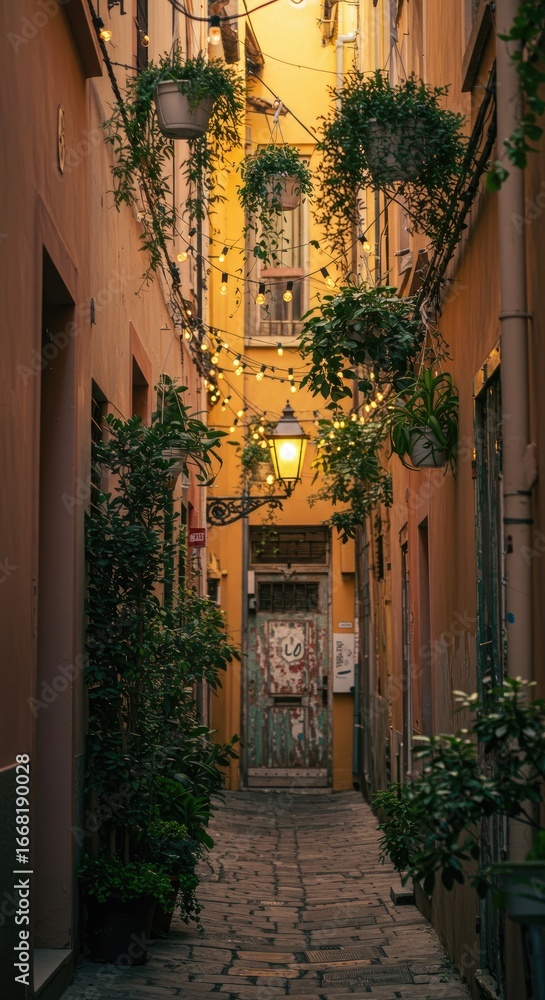 Obraz premium Sunlight-drenched Italian alleyway. Plants & lanterns