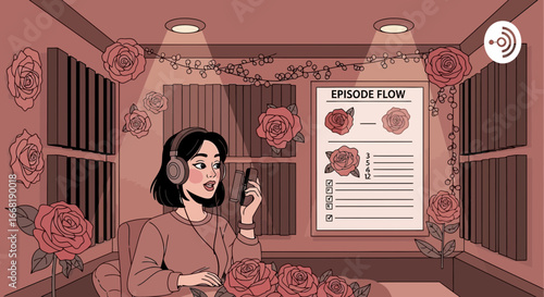 Podcast recording session with roses and an engaging episode flow chart