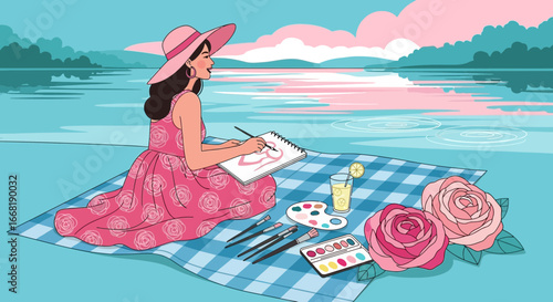 Illustrative serenity: A serene artistic escape by the waterside with nature's muse