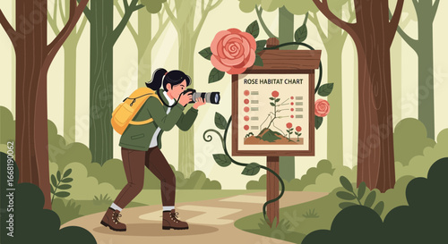 Woman photographing rose habitat chart in a serene forest environment