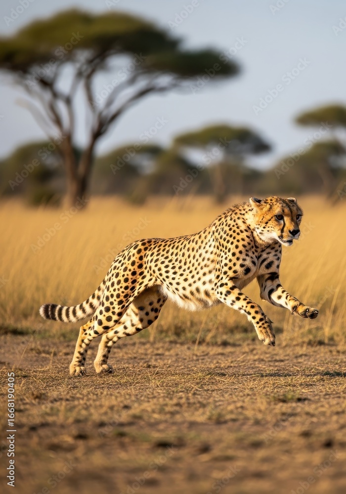 Obraz premium Cheetah in full sprint across the African savanna on a bright sunny day