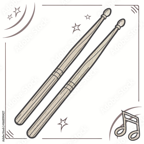 Illustration of a pair of drumsticks with musical notes and stars for music and rhythm concepts