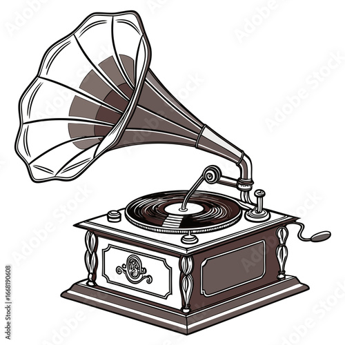 Illustration of a vintage gramophone or phonograph, a classic music player with a horn
