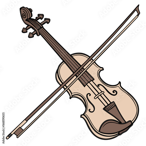 Illustration of a violin and bow, a classic stringed musical instrument used in orchestras