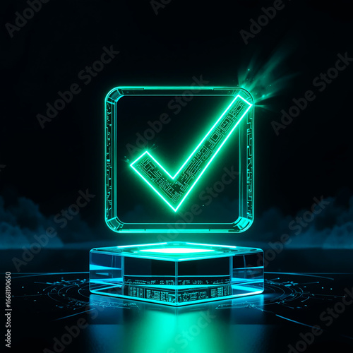 Futuristic neon green checkmark symbol glowing on a digital platform