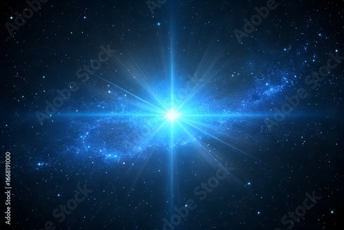 Brilliant blue starburst explosion radiating light across a deep space nebula filled with distant stars and cosmic dust
