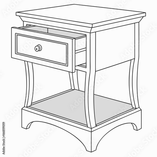 Vector art of nightstand with open drawer illustration, showcasing its design, storage, and functionality in a modern bedroom