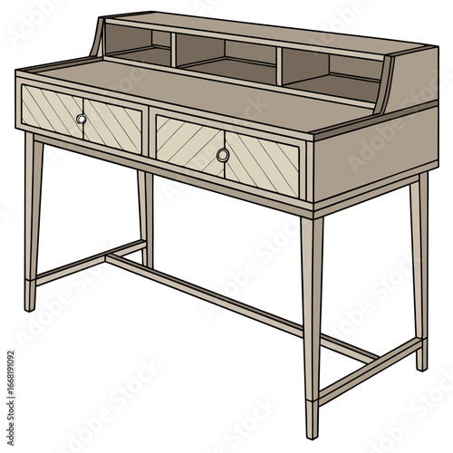 Vector art of stylish wooden desk with drawers and shelves for home office