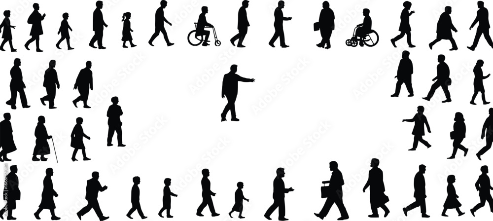 Naklejka premium Human life stages silhouette, people walking evolution, growing and aging process, age diversity, mobility changes, human development timeline, vector graphic illustration
