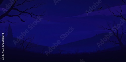 Spooky Halloween Night Background Illustration with Silhouetted Bare Trees and Flying Bats