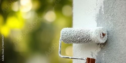A paint roller carefully applies white paint to a textured wall in a close-up shot.
