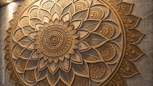 Intricate wooden mandala art with floral and geometric patterns