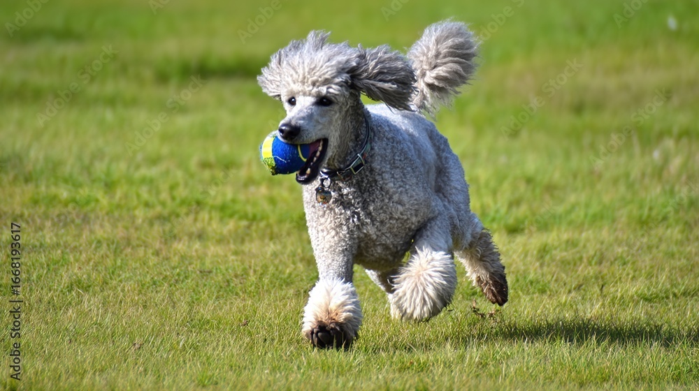 Fototapeta premium Poodles at Play: Watch These Intelligent, Fluffy Pups Chase Toys, Frolic in Yards, and Spark Joy with Their Lively Antics