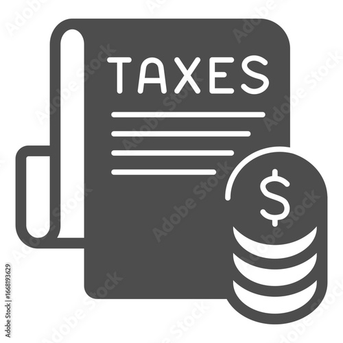 Taxes paper with coins stack solid icon, financial tech concept. Vector graphics. Government taxes list, finance and law sign on white background, glyph style icon for mobile or web design.