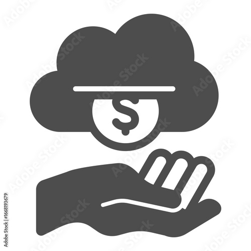Cloud with coin machine and hand solid icon, money payout concept. Vector graphics. Hand with dollar cloud, finance sign on white background, glyph style icon for mobile or web design.