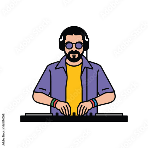 Cool bearded dj wearing headphones and playing music on a dj deck performing at a party