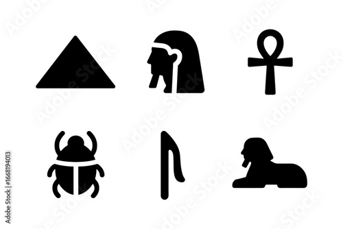 Ancient egyptian symbol set featuring pyramid, sphinx, and ankh icons in silhouette style