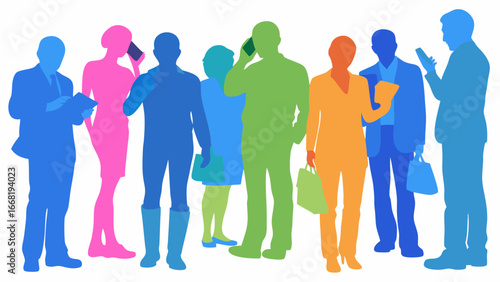 Colorful silhouettes of people using phones and carrying bags in a group setting on a white background