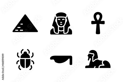 Ancient egypt symbols: pyramids, sphinx, and ankh in minimalist black design