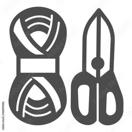 Scissors and skein of thread solid icon, sewing tools concept. Vector graphics. Yarn with scissors, handicraft accessory sign on white background, glyph style icon for mobile or web design.